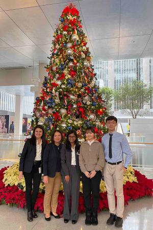 Data Science faculty standing in front of a lit up Christmas tree at the World Bank
